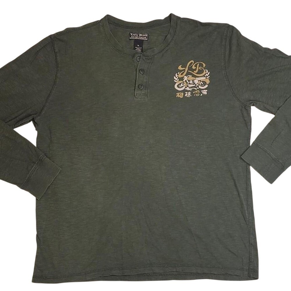 Lucky Brand Green Motorcycle Racing Crew Long Sleeve T-Shirt XL Henley Moto bike